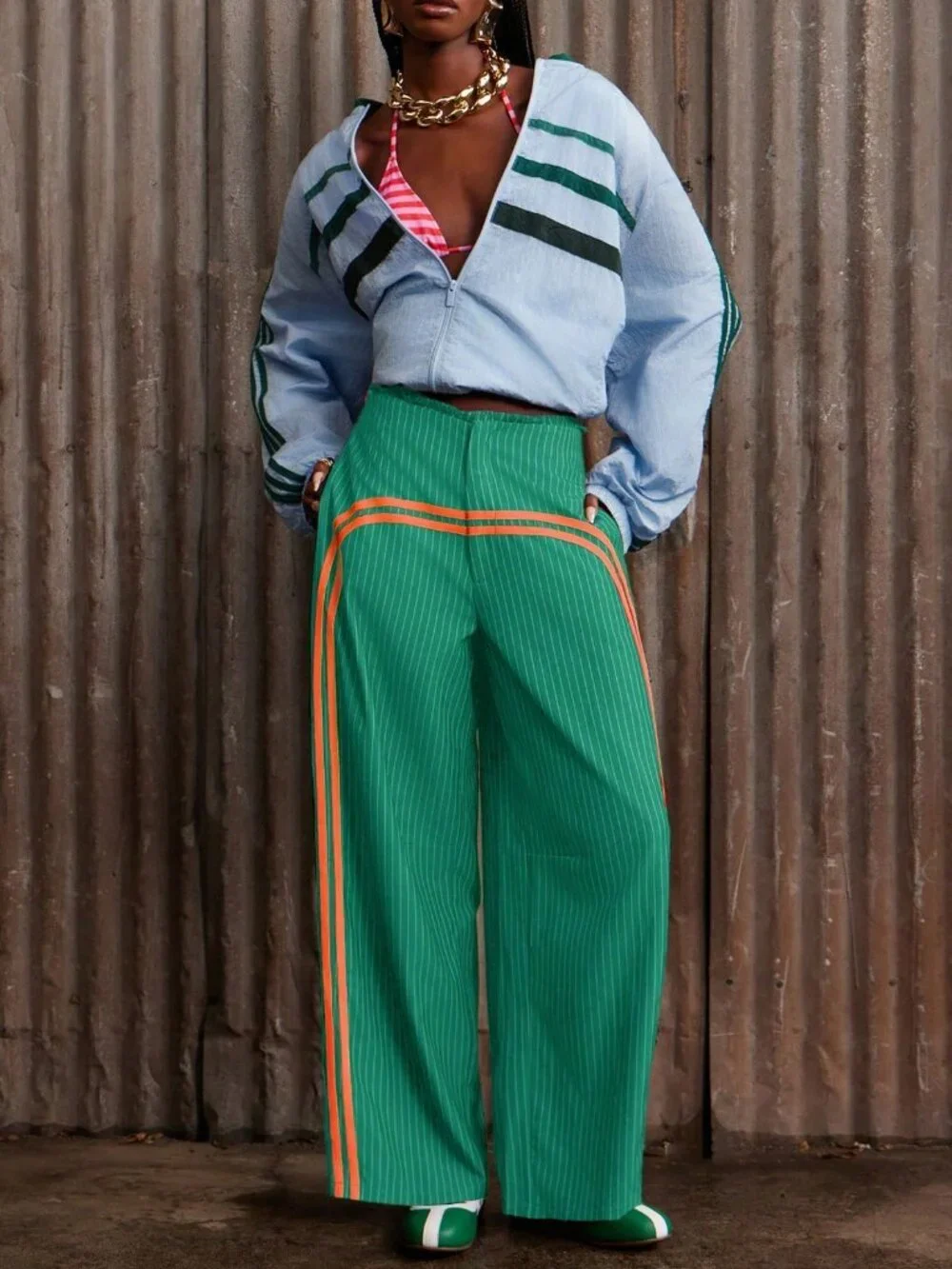 Green Casual Women's striped wide legged Pants - Picture 4 of 7